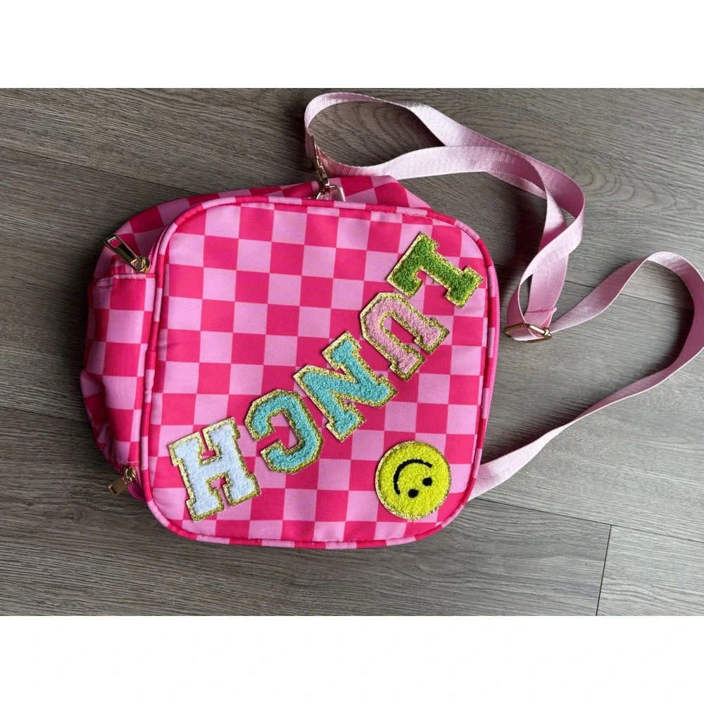 Pink Checkered Insulated Lunch Bag Chenille Patch Adjustable Strap